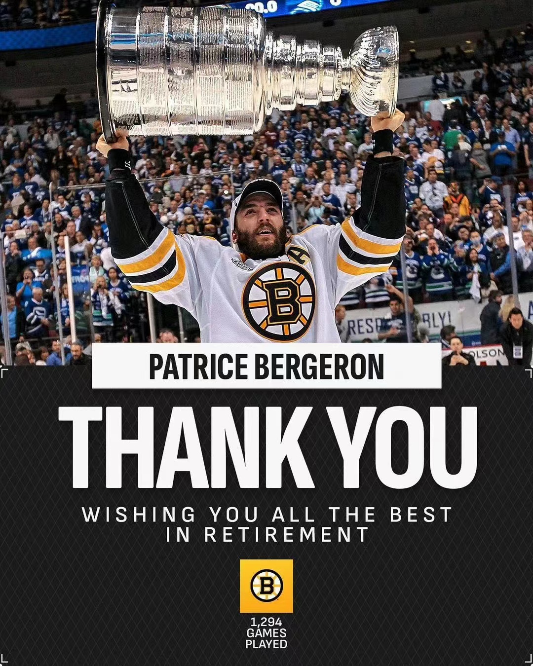 Ishockeylegenden har tagit slut, Patrice Bergeron meddelade att han går i pension